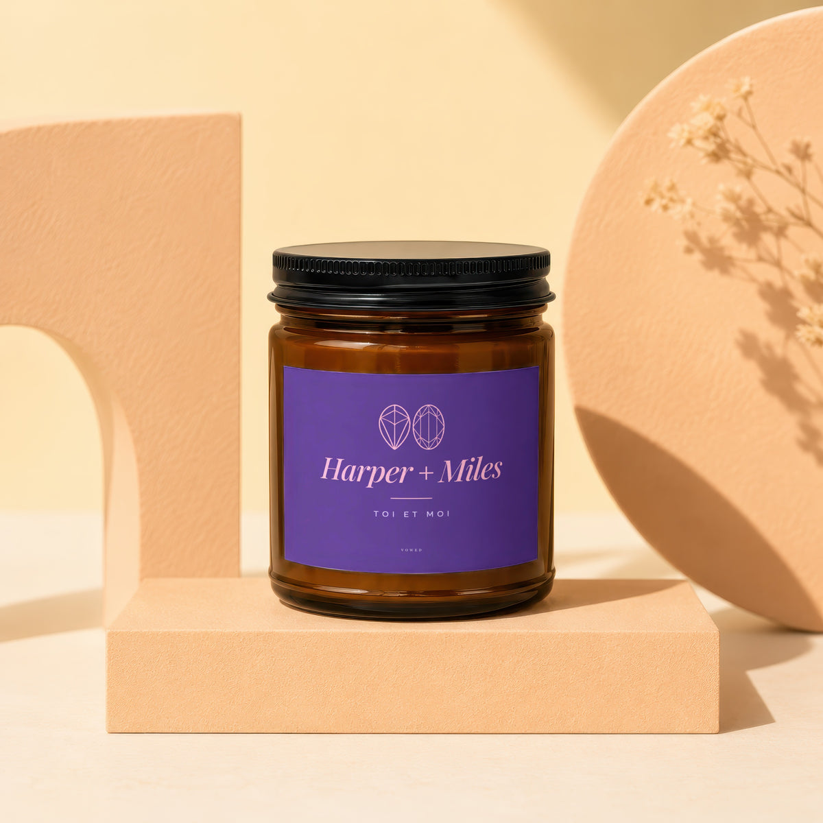 Harper + Miles TOI ET MOI candle in amber jar with black lid.