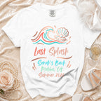 White t-shirt with "Last Splash Sarah's Bach Malibu, CA Summer 2026" graphic.