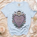 Light blue t-shirt with "Mother of the Bride" skull graphic and text.