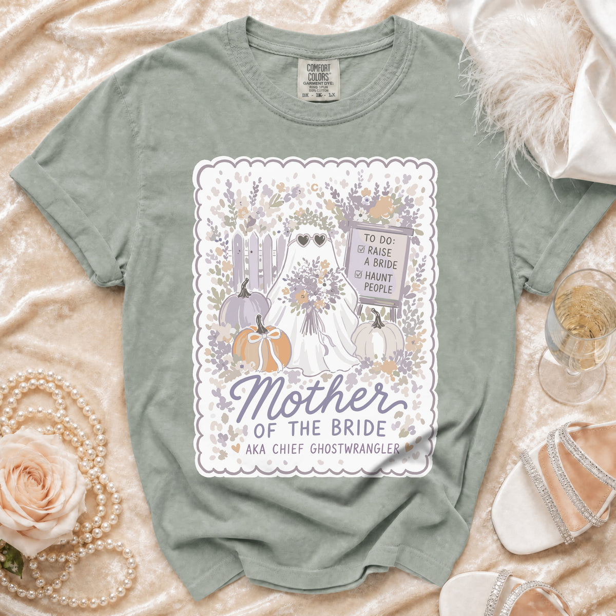 Gray t-shirt with a ghost bride graphic, "Mother of the Bride" and "Chief Ghostwrangler".