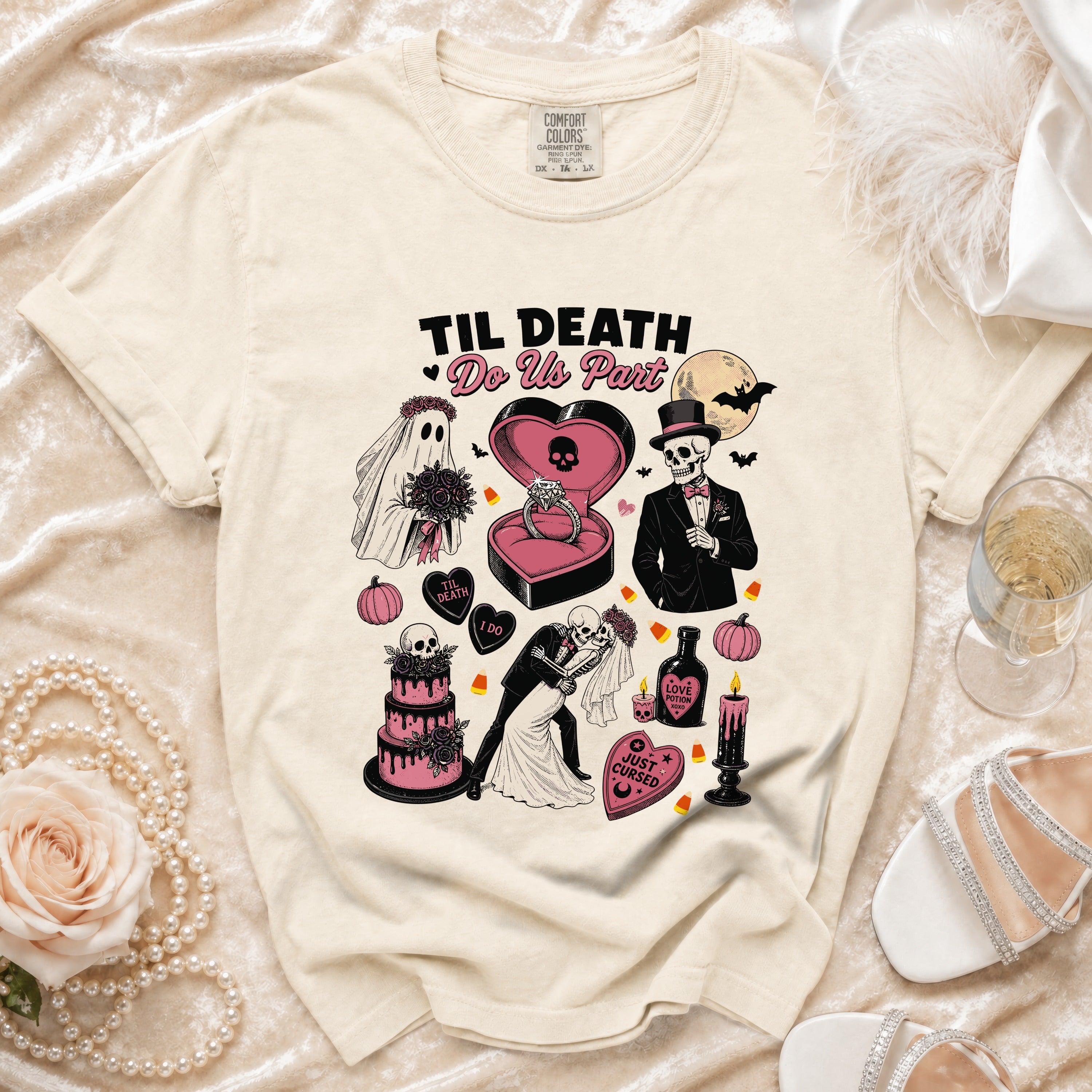 Cream t-shirt with "Til Death Do Us Part" skeleton wedding graphic.