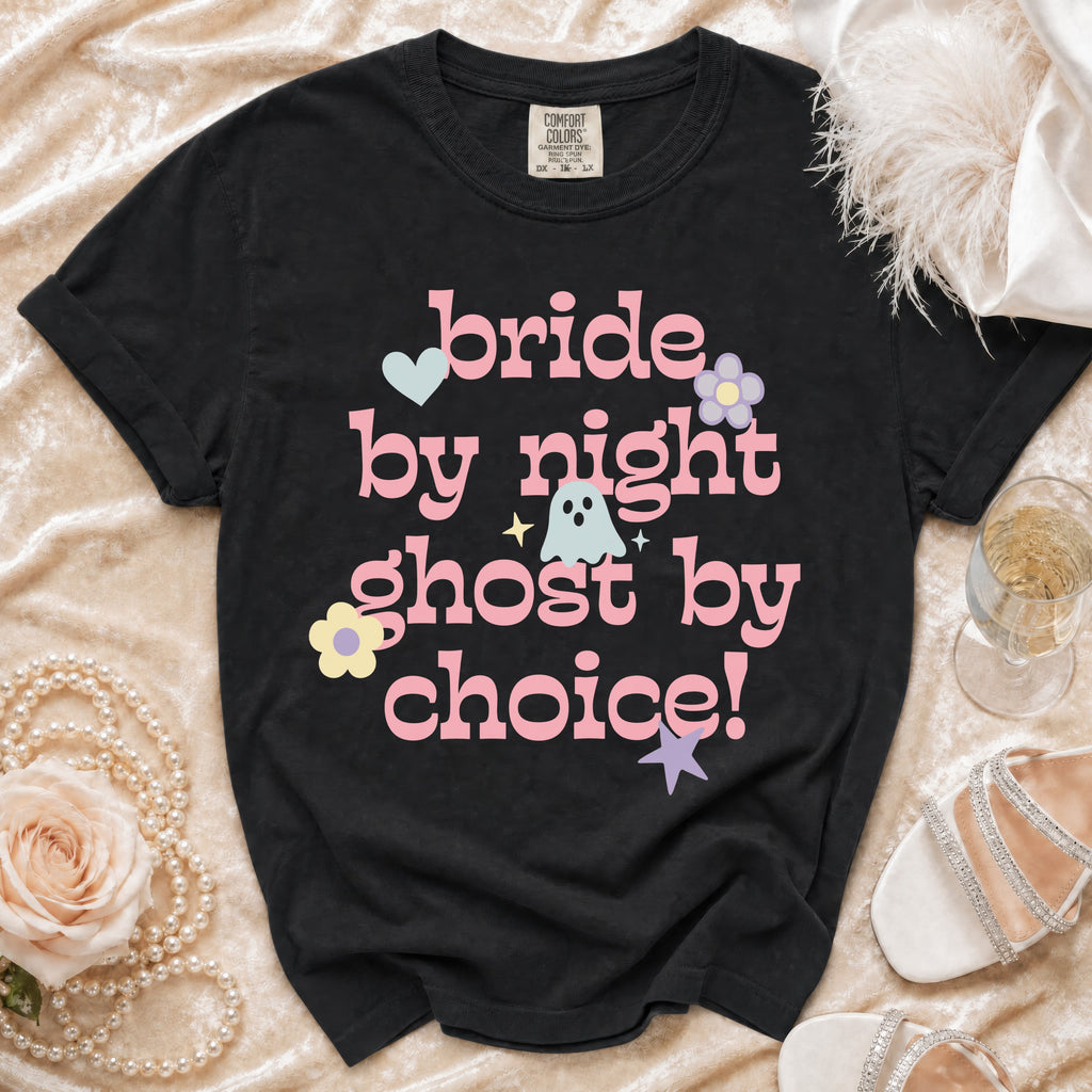 Black t-shirt with "bride by night ghost by choice!" text and graphics.