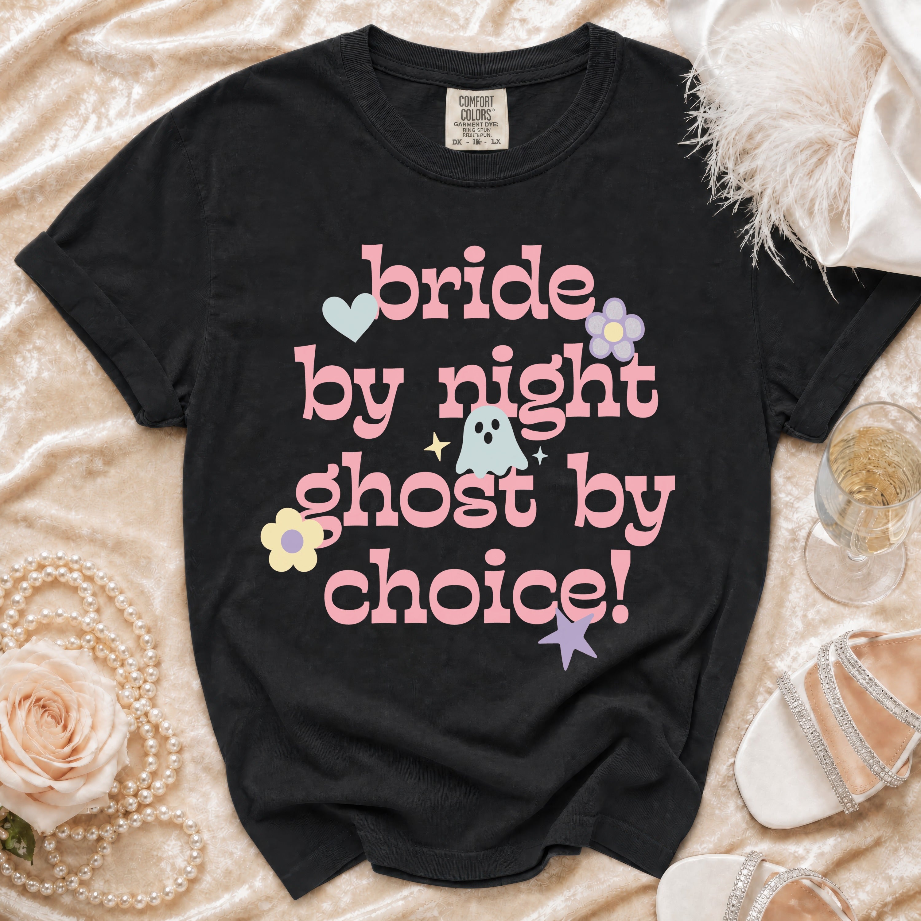 Black t-shirt with "bride by night ghost by choice!" text and graphics.