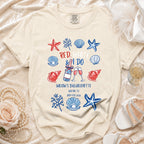Red, white, and I do bachelorette t-shirt with seashells and stars.