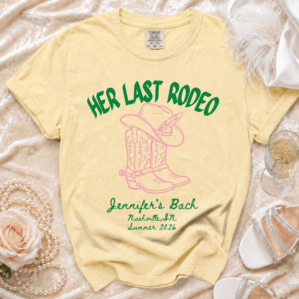 Yellow t-shirt with "Her Last Rodeo" and cowboy boots design.