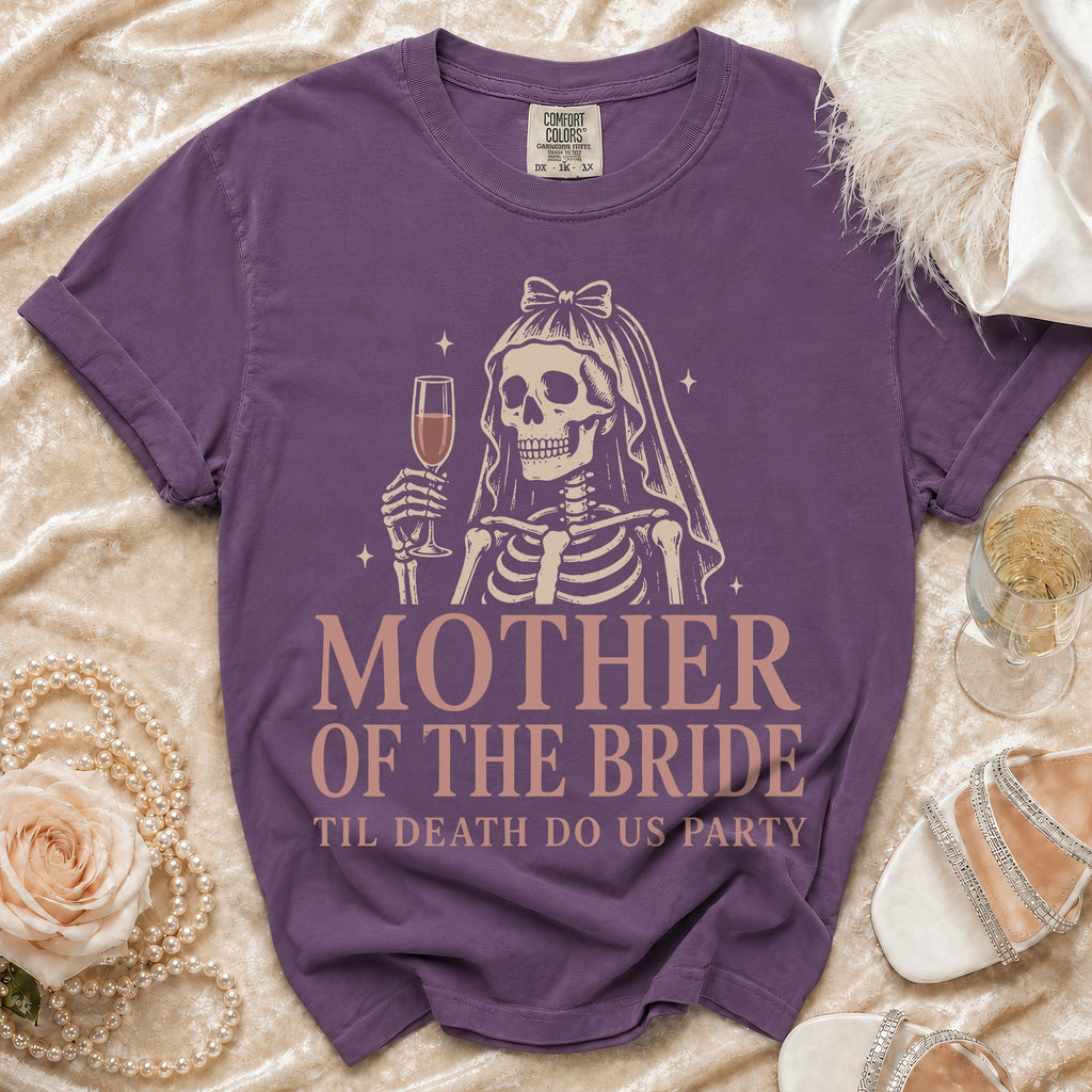 Purple t-shirt with a skeleton bride graphic and "Mother of the Bride" text.