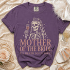 Purple t-shirt with a skeleton bride graphic and "Mother of the Bride" text.