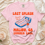 Pink t-shirt with "Last Splash Sarah's Bach Malibu, CA Summer 2026" graphic.