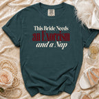 Teal Comfort Colors t-shirt with "This Bride Needs an Exorcism and a Nap" text.