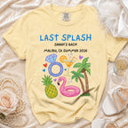 Yellow t-shirt with "Last Splash Sarah's Bach Malibu, CA Summer 2026" and tropical graphics.