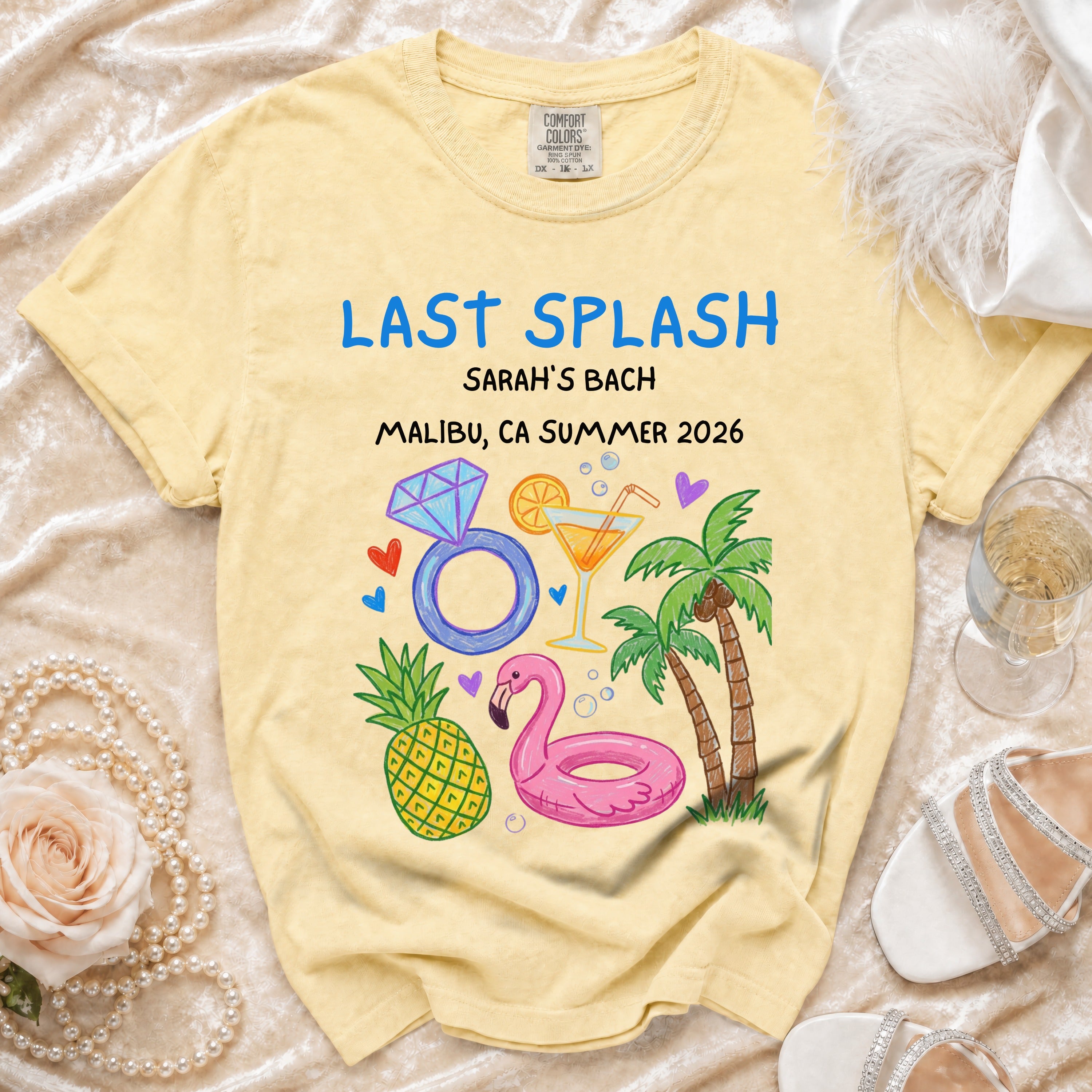 Yellow t-shirt with "Last Splash Sarah's Bach Malibu, CA Summer 2026" and tropical graphics.