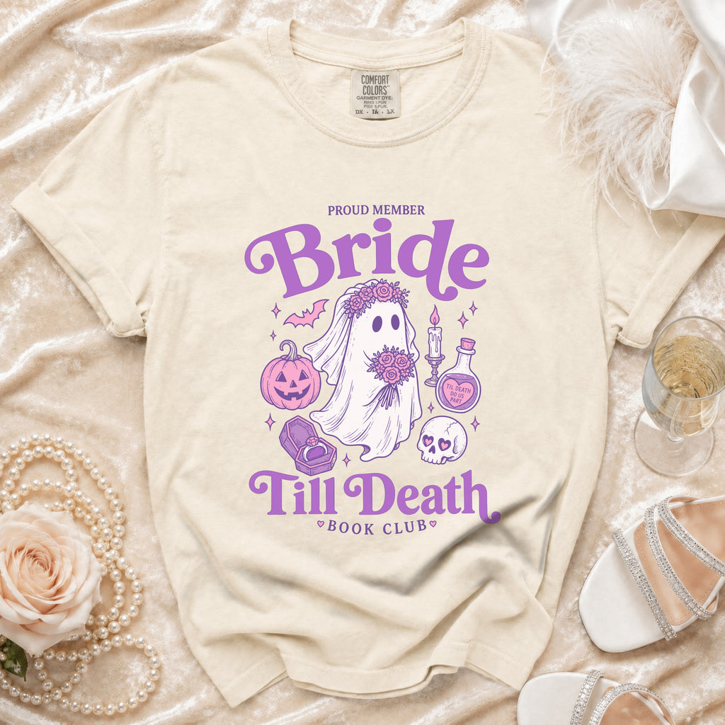 Cream t-shirt with "Proud Member Bride Till Death Book Club" text and ghost bride graphic.