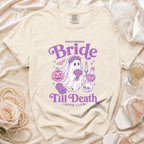 Cream t-shirt with "Proud Member Bride Till Death Book Club" text and ghost bride graphic.