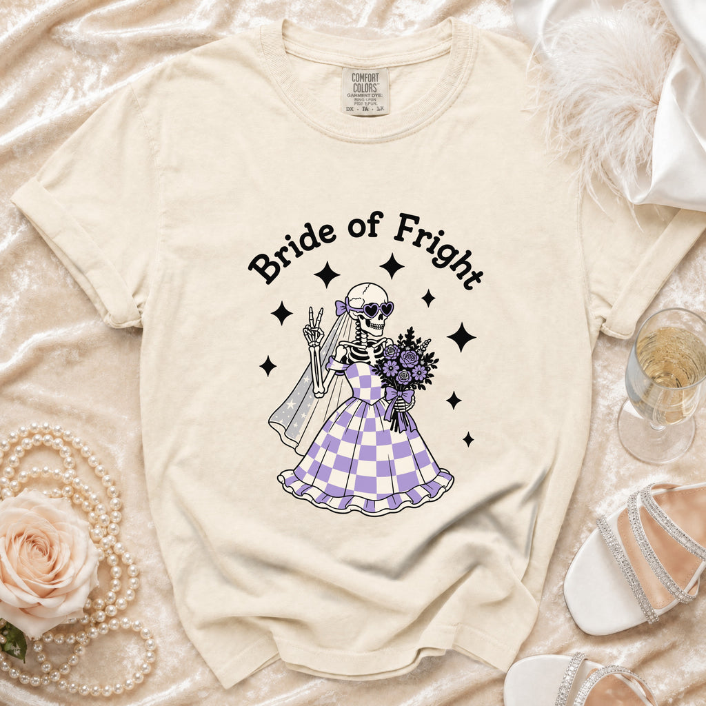 Cream t-shirt with "Bride of Fright" text and a skeleton bride graphic.