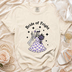 Cream t-shirt with "Bride of Fright" text and a skeleton bride graphic.
