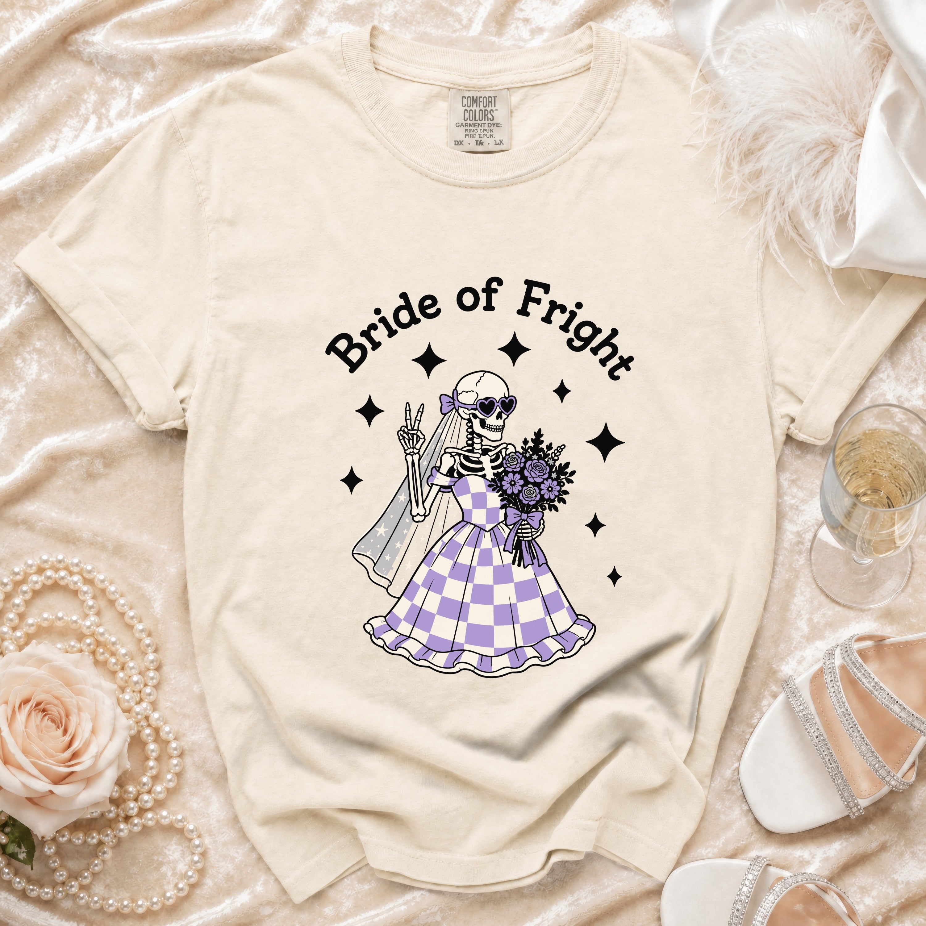 Cream t-shirt with "Bride of Fright" text and a skeleton bride graphic.