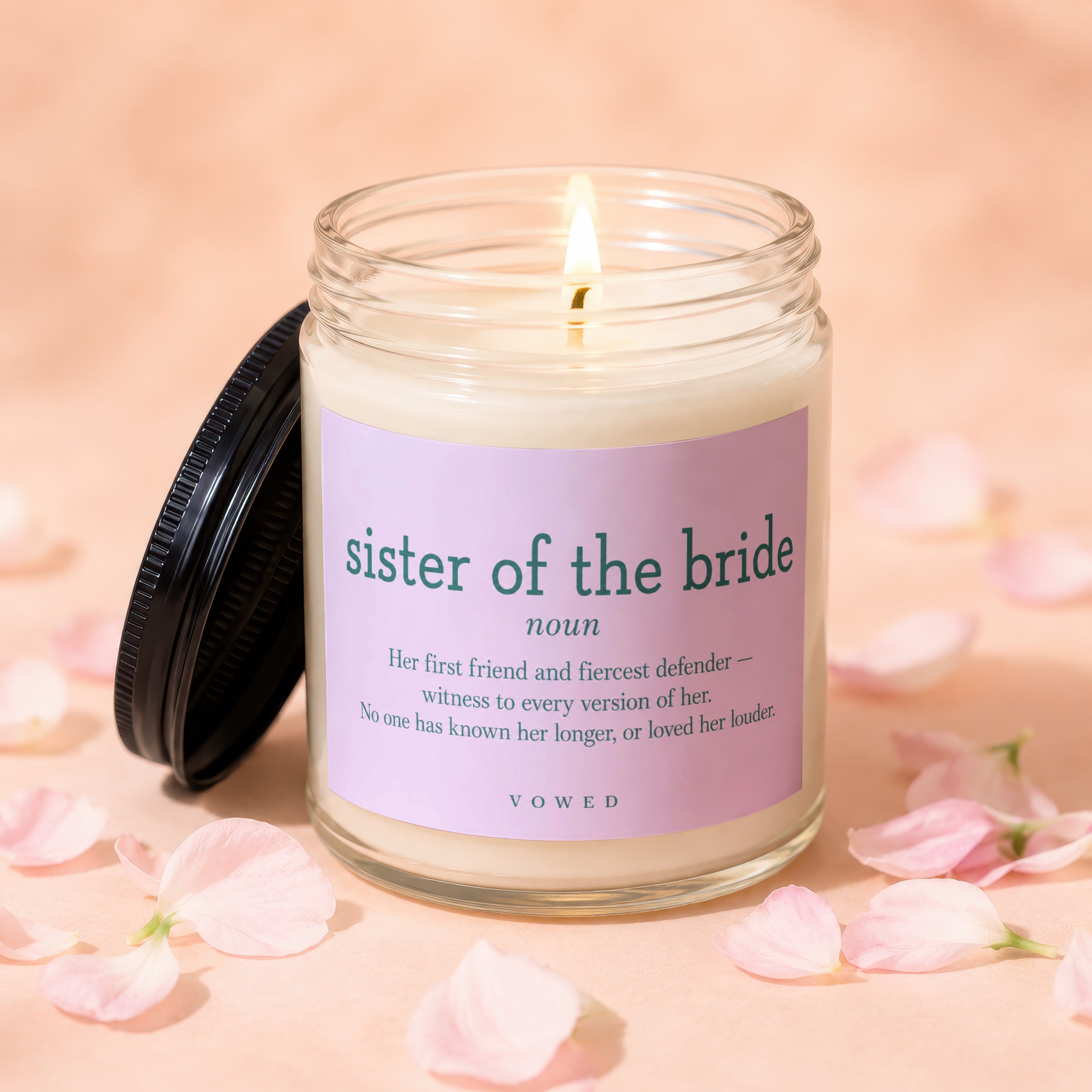 Candle reads "sister of the bride" with descriptive text and a lit wick.