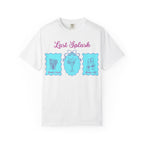 White t-shirt with "Last Splash" design, featuring cocktails and floral motifs.