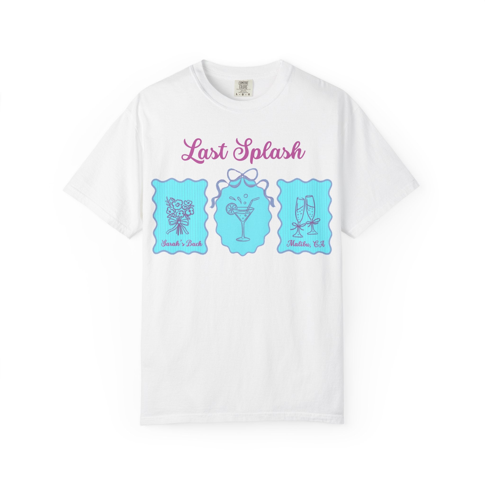 White t-shirt with "Last Splash" design, featuring cocktails and floral motifs.