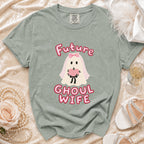 Green t-shirt with "Future Ghoul Wife" text and a ghost bride graphic.