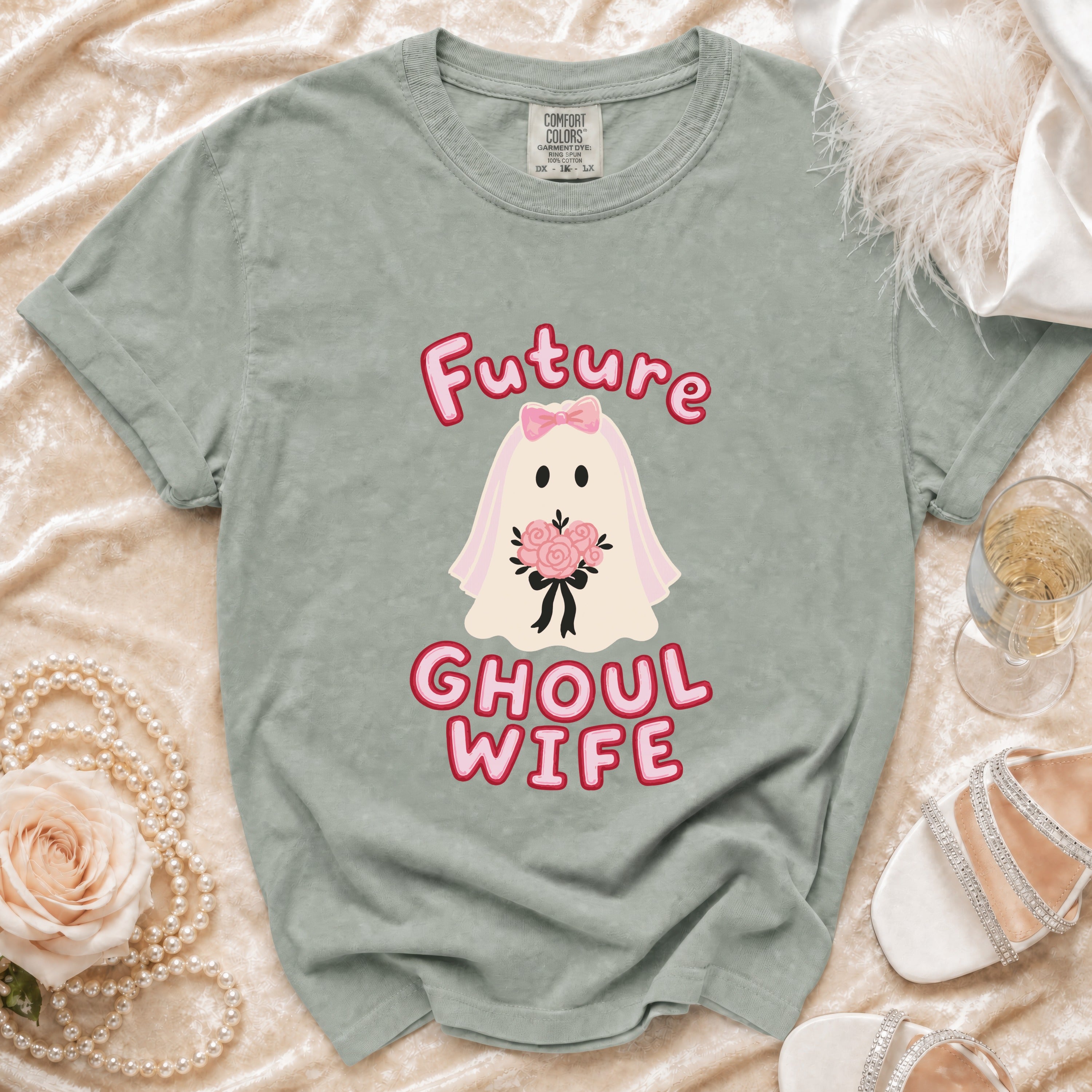 Green t-shirt with "Future Ghoul Wife" text and a ghost bride graphic.