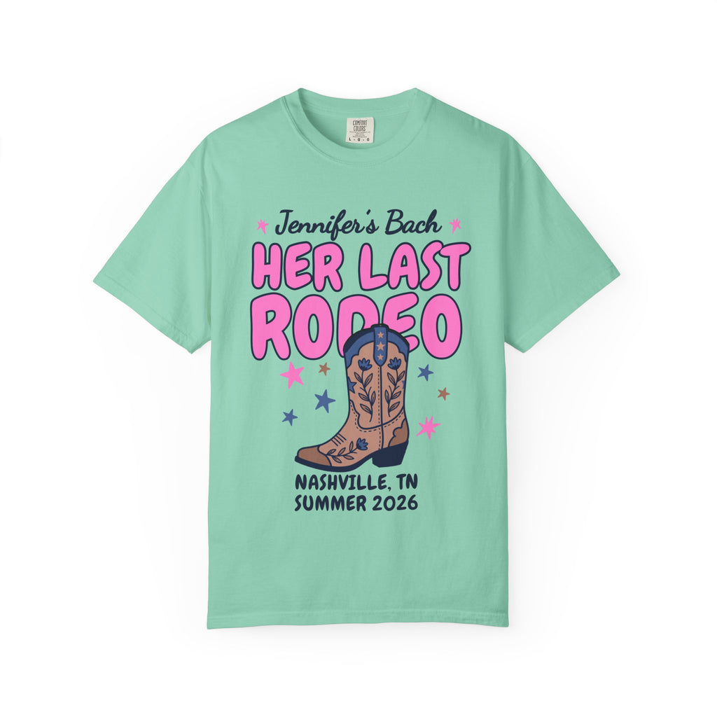 T-shirt with "Jennifer's Bach Her Last Rodeo" and cowboy boot.