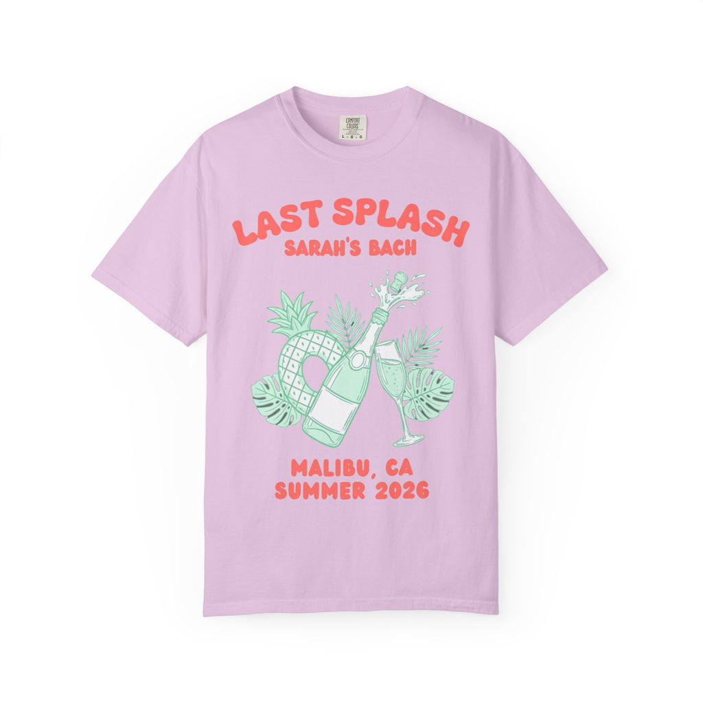 Pink t-shirt with "Last Splash Sarah's Bach Malibu, CA 2026" and champagne graphics.