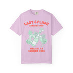 Pink t-shirt with "Last Splash Sarah's Bach Malibu, CA 2026" and champagne graphics.