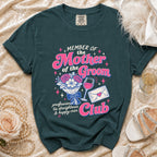Dark teal t-shirt with "Member of the Mother of the Groom Club" text and graphics.