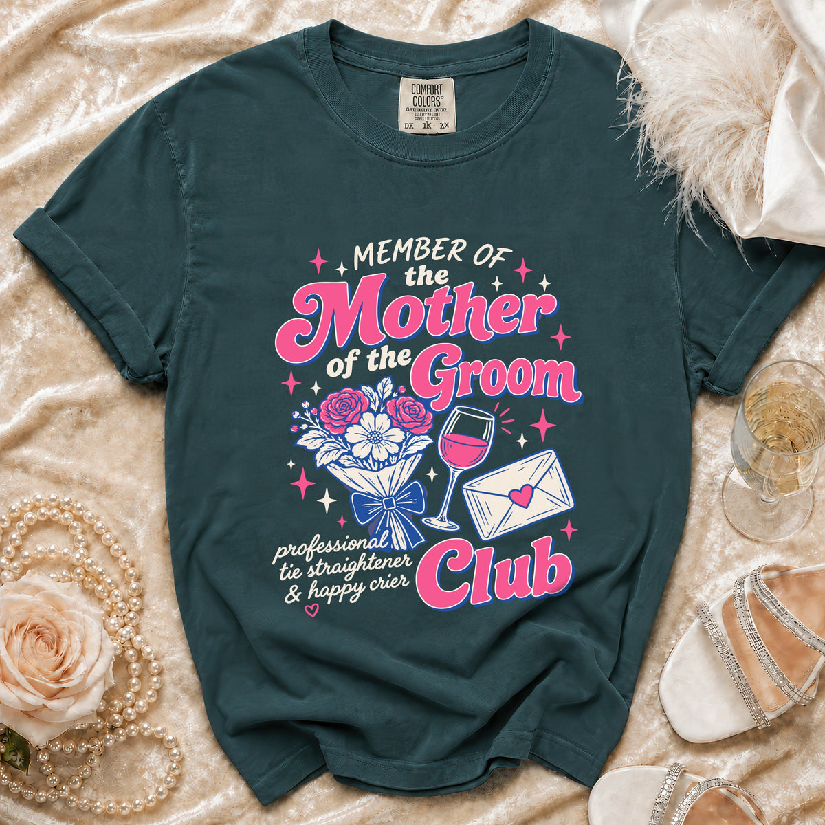 Dark teal t-shirt with "Member of the Mother of the Groom Club" text and graphics.