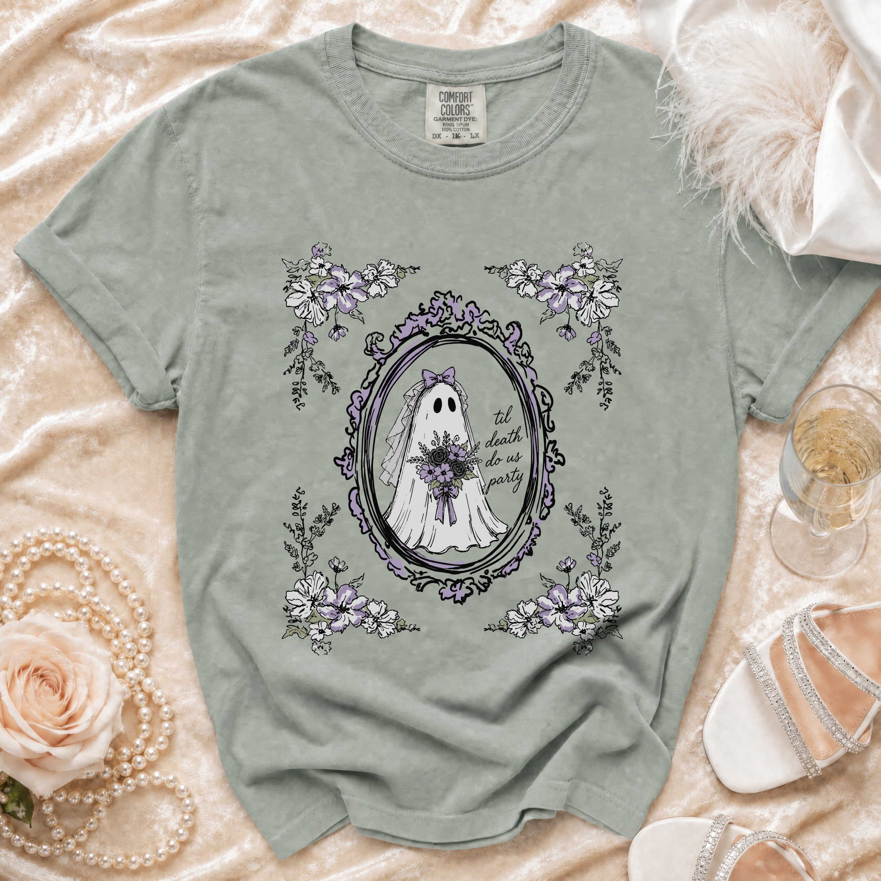 Green t-shirt with ghost bride graphic and "til death do us party" text.