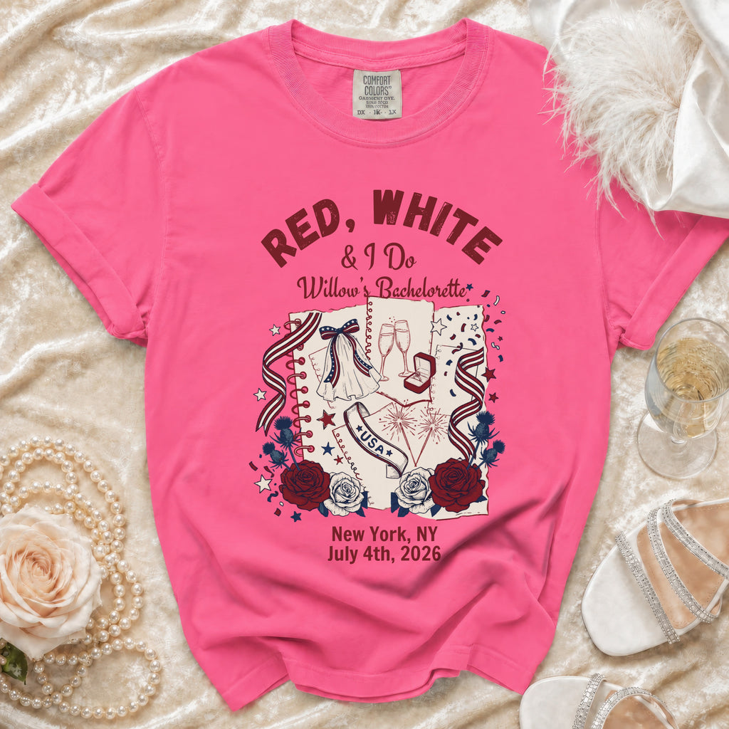 Pink t-shirt with "Red, White & I Do Willow's Bachelorette" text and patriotic graphics.