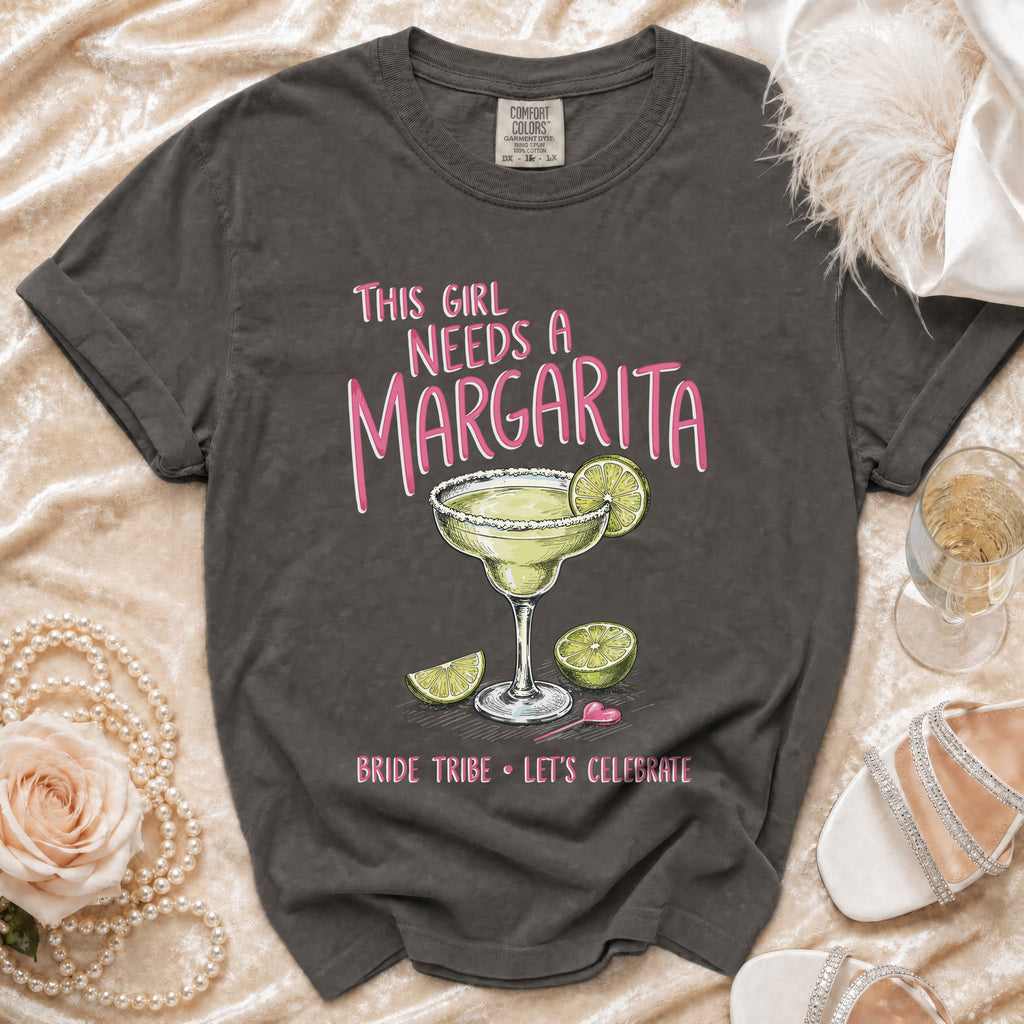 Dark gray t-shirt with "This Girl Needs a Margarita" graphic and margarita glass.