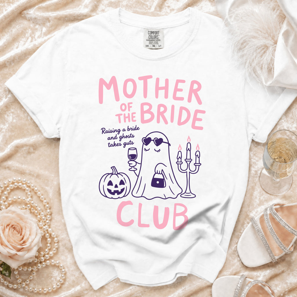 White t-shirt with "Mother of the Bride Club" and ghost design.