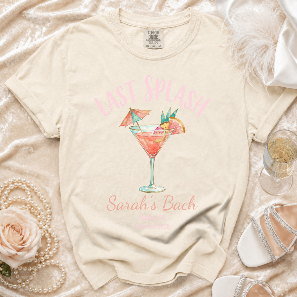 T-shirt with "LAST SPLASH Sarah's Bach" and cocktail design.