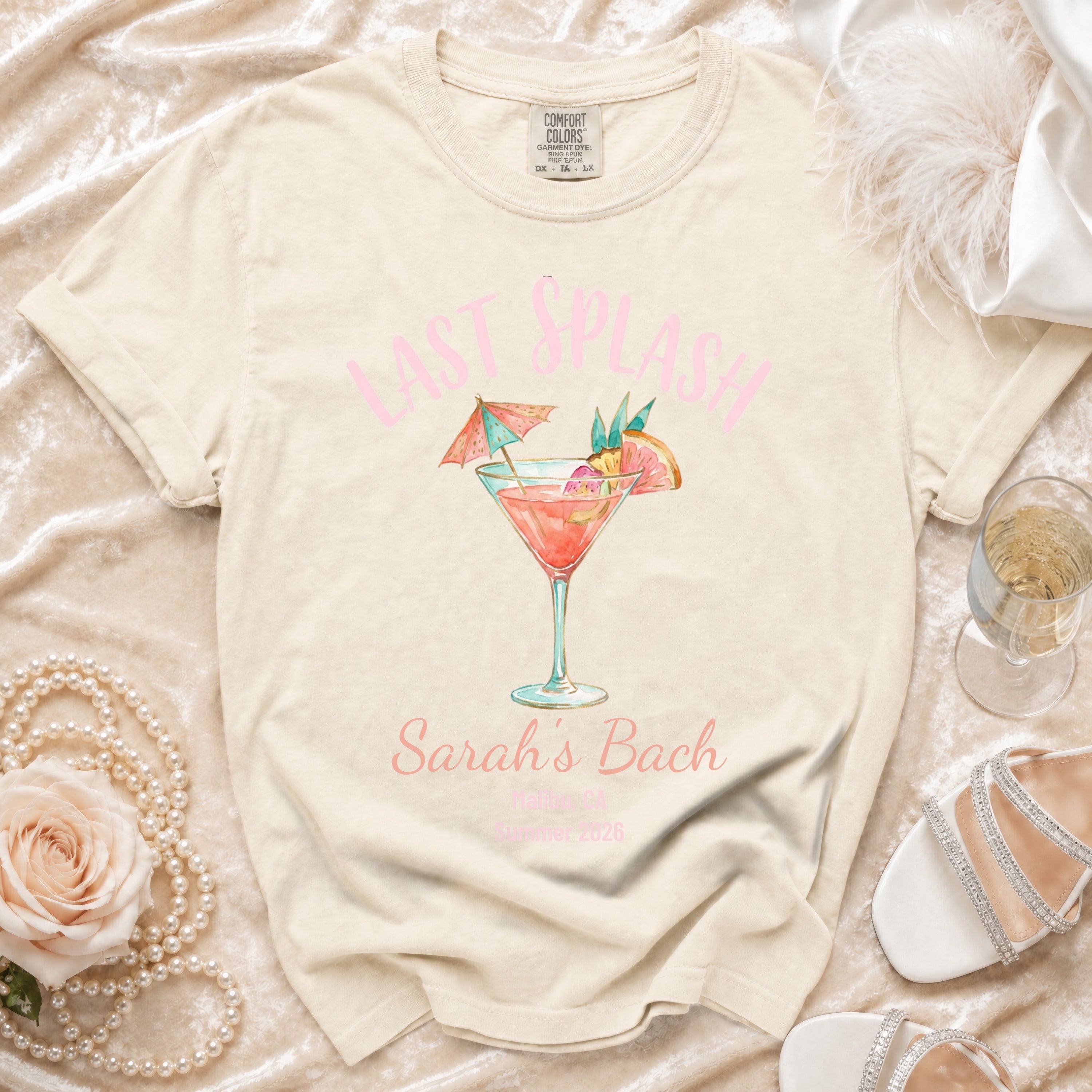 T-shirt with "LAST SPLASH Sarah's Bach" and cocktail design.