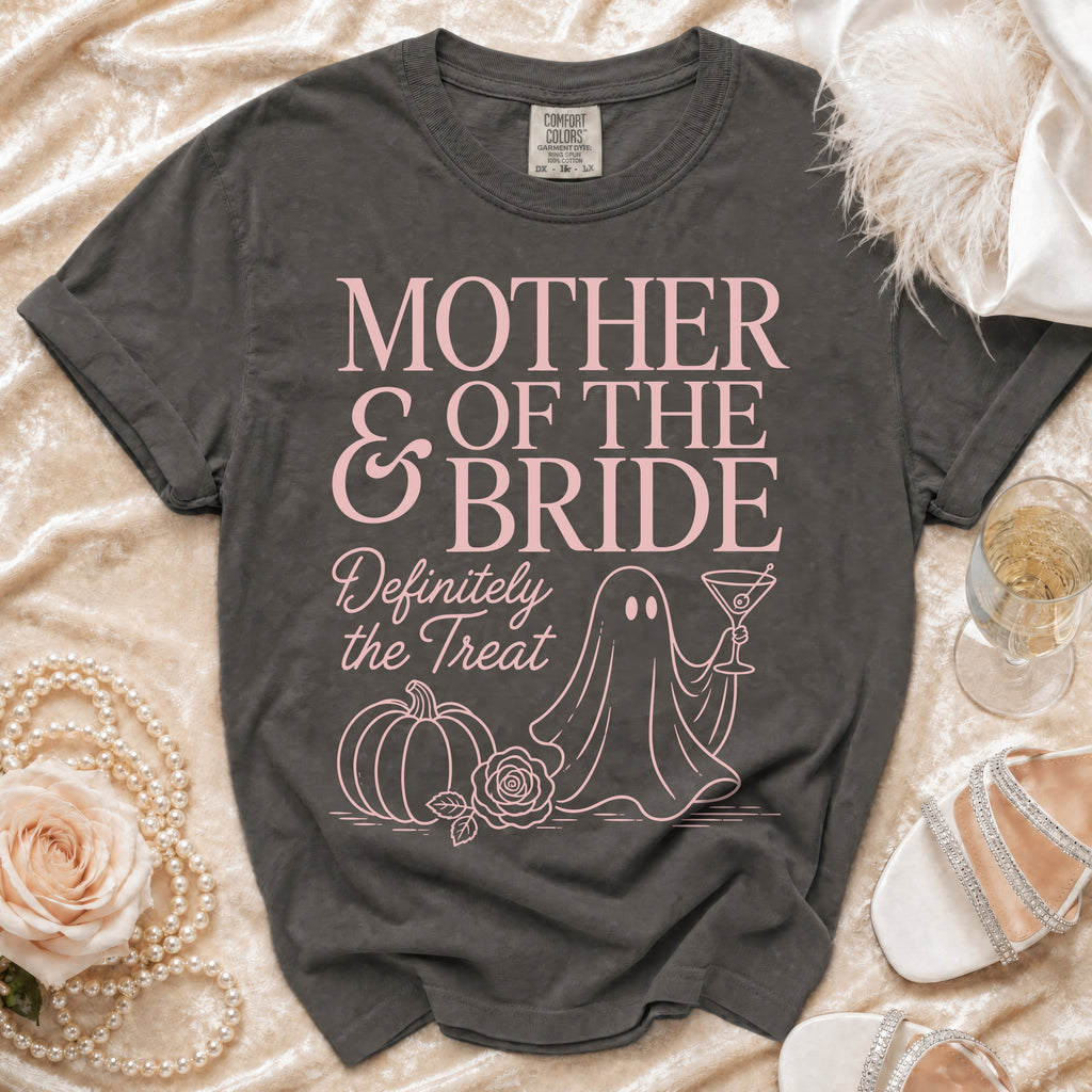 Gray t-shirt with "Mother & Bride Definitely the Treat" in pink, featuring a ghost, pumpkin, and rose.