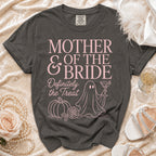 Gray t-shirt with "Mother & Bride Definitely the Treat" in pink, featuring a ghost, pumpkin, and rose.