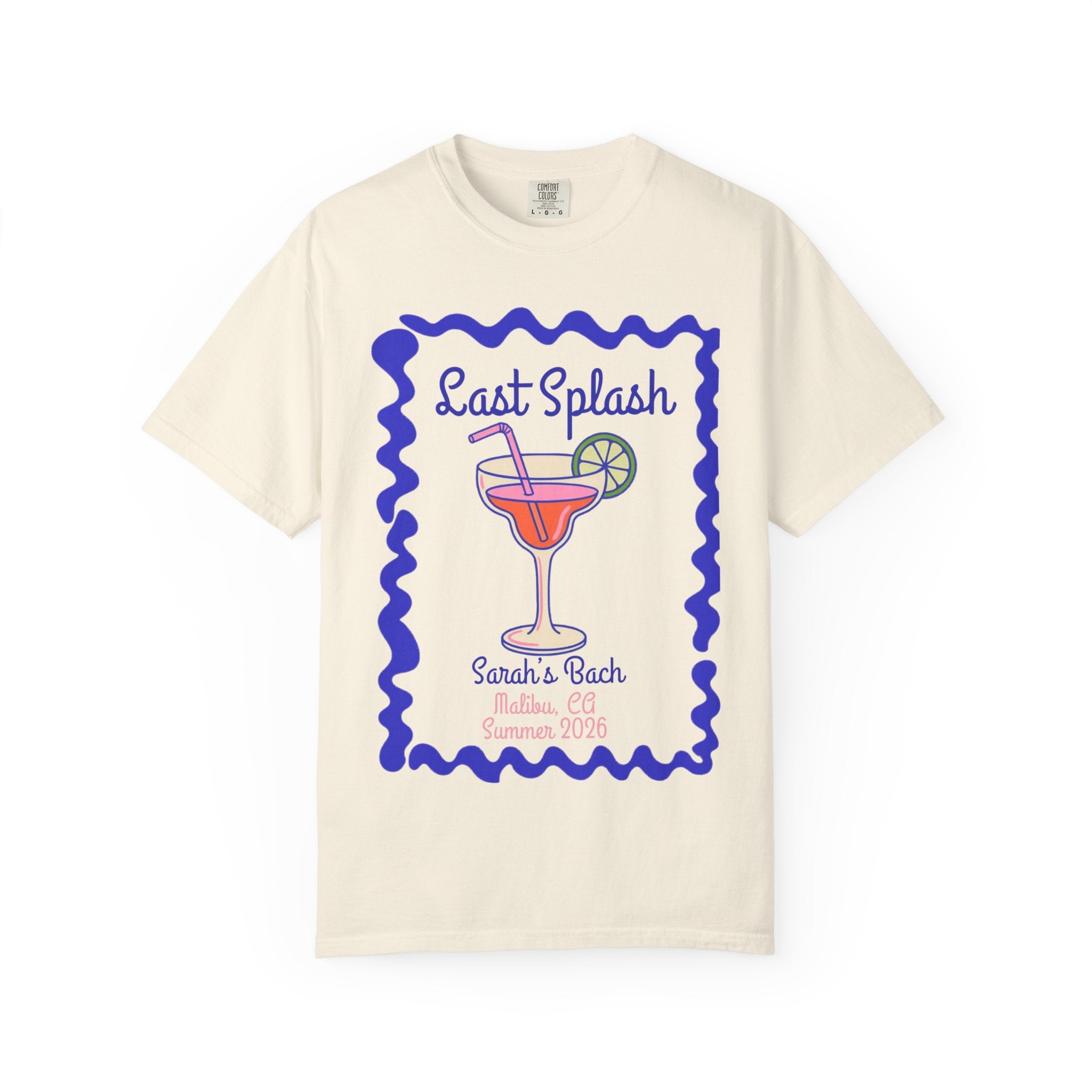 Cream t-shirt with "Last Splash" cocktail graphic and text.