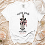 White t-shirt with "Maid of Honor" and a champagne bottle graphic with text.