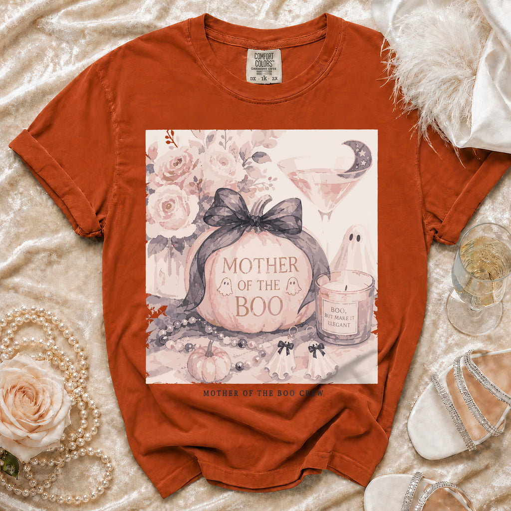 Orange t-shirt with "Mother of the Boo Crew" and Halloween graphic.