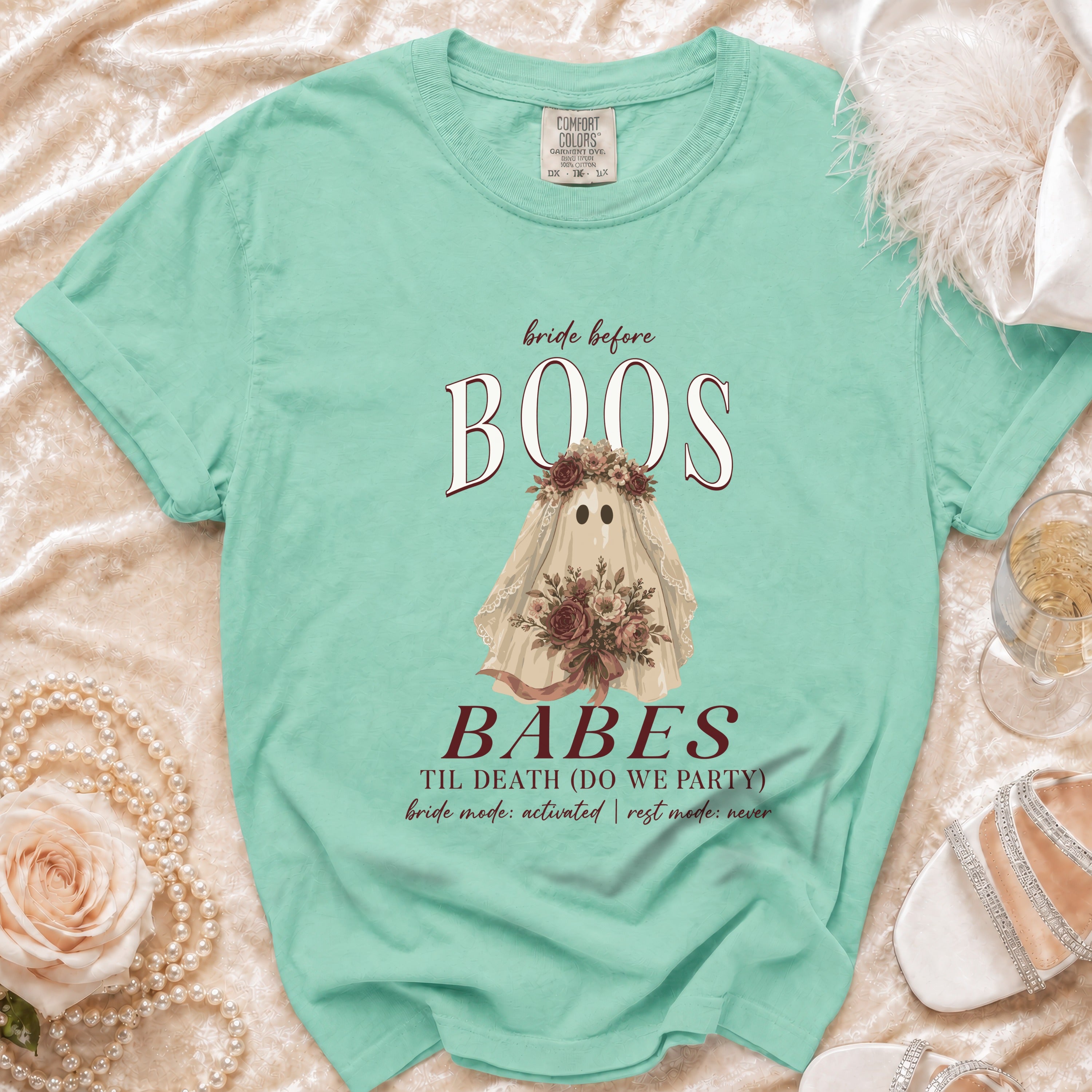 Teal t-shirt with "bride before BOOS BABES" and ghost graphic.