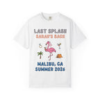 White t-shirt with "Last Splash Sarah's Bach Malibu, CA Summer 2026" and flamingo graphics.