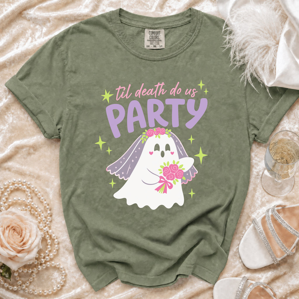 Olive green t-shirt with "til death do us PARTY" and a bride ghost graphic.
