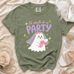 Olive green t-shirt with "til death do us PARTY" and a bride ghost graphic.