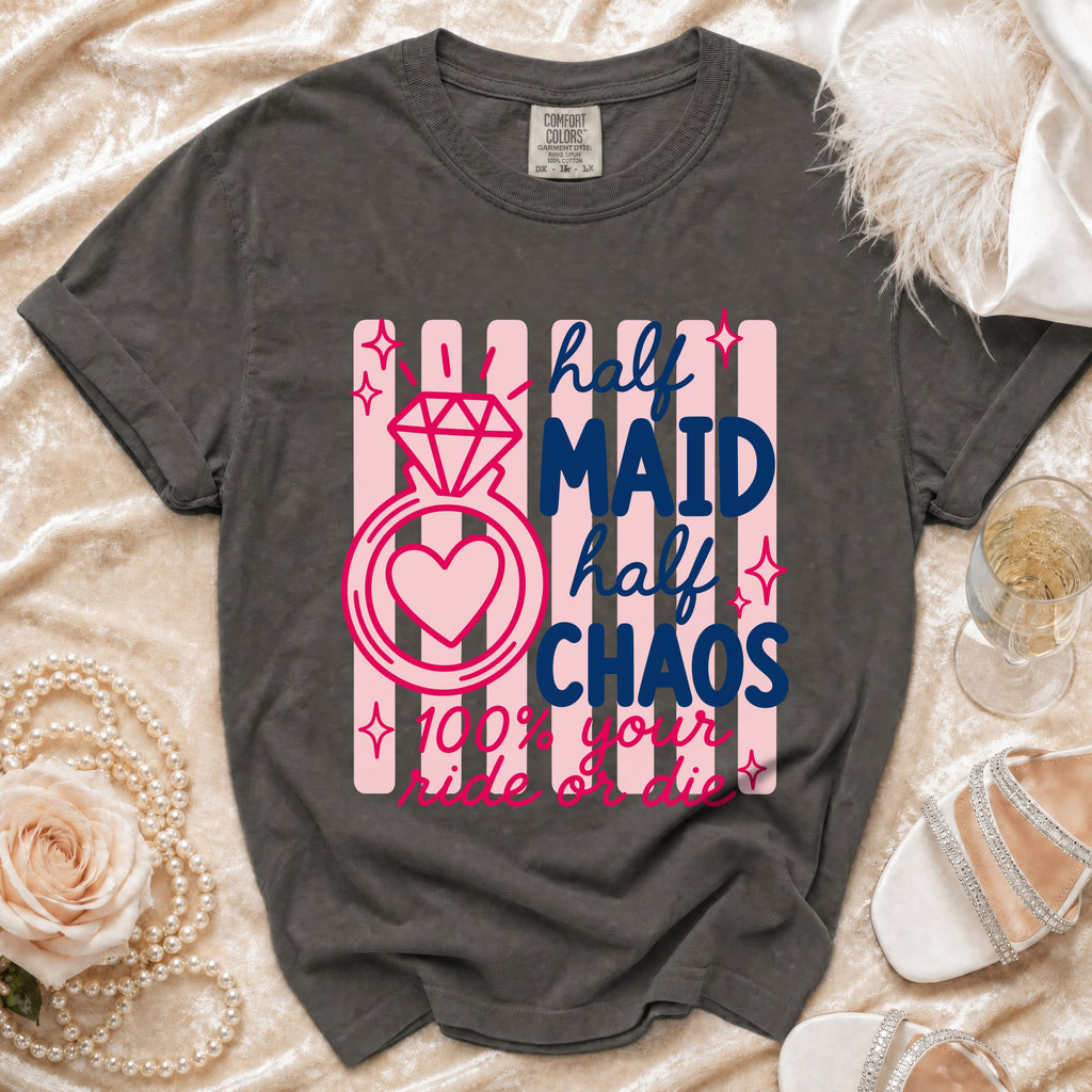 Dark grey Comfort Colors t-shirt with "Half Maid Half Chaos" graphic.