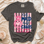 Dark grey Comfort Colors t-shirt with "Half Maid Half Chaos" graphic.
