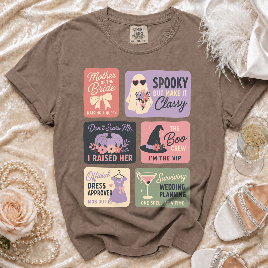 Brown t-shirt with a collage of six Halloween-themed wedding sayings and graphics.