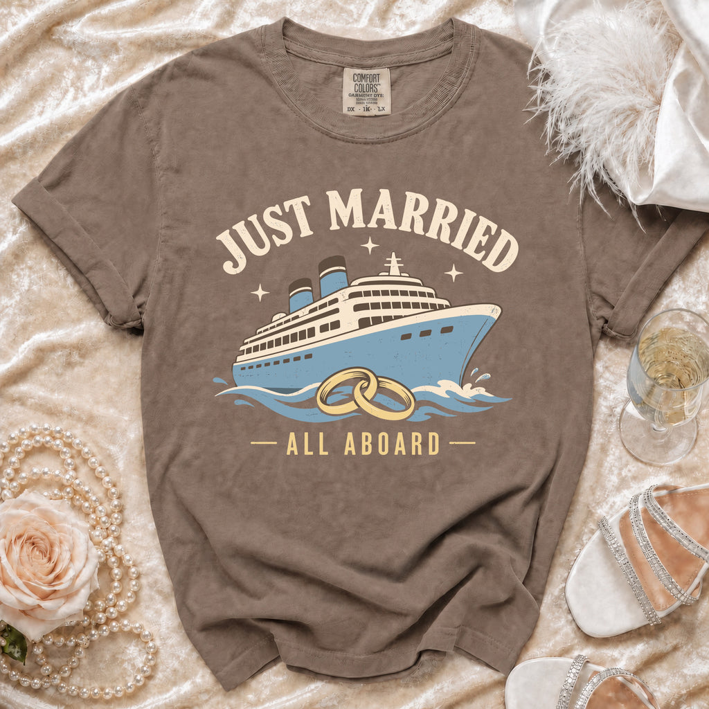 Brown t-shirt with "Just Married - All Aboard" text and cruise ship graphic.