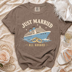 Brown t-shirt with "Just Married - All Aboard" text and cruise ship graphic.